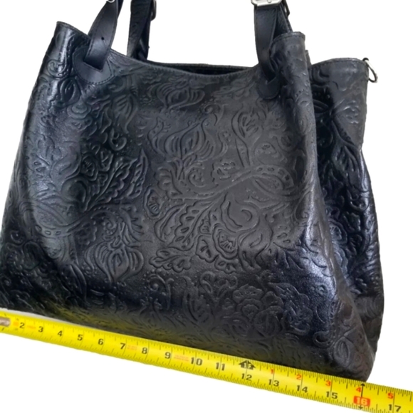 NWT 🇮🇹 Isadora Italian Black Tooled Floral Leather Large Satchel Tote Bag - Picture 9 of 13